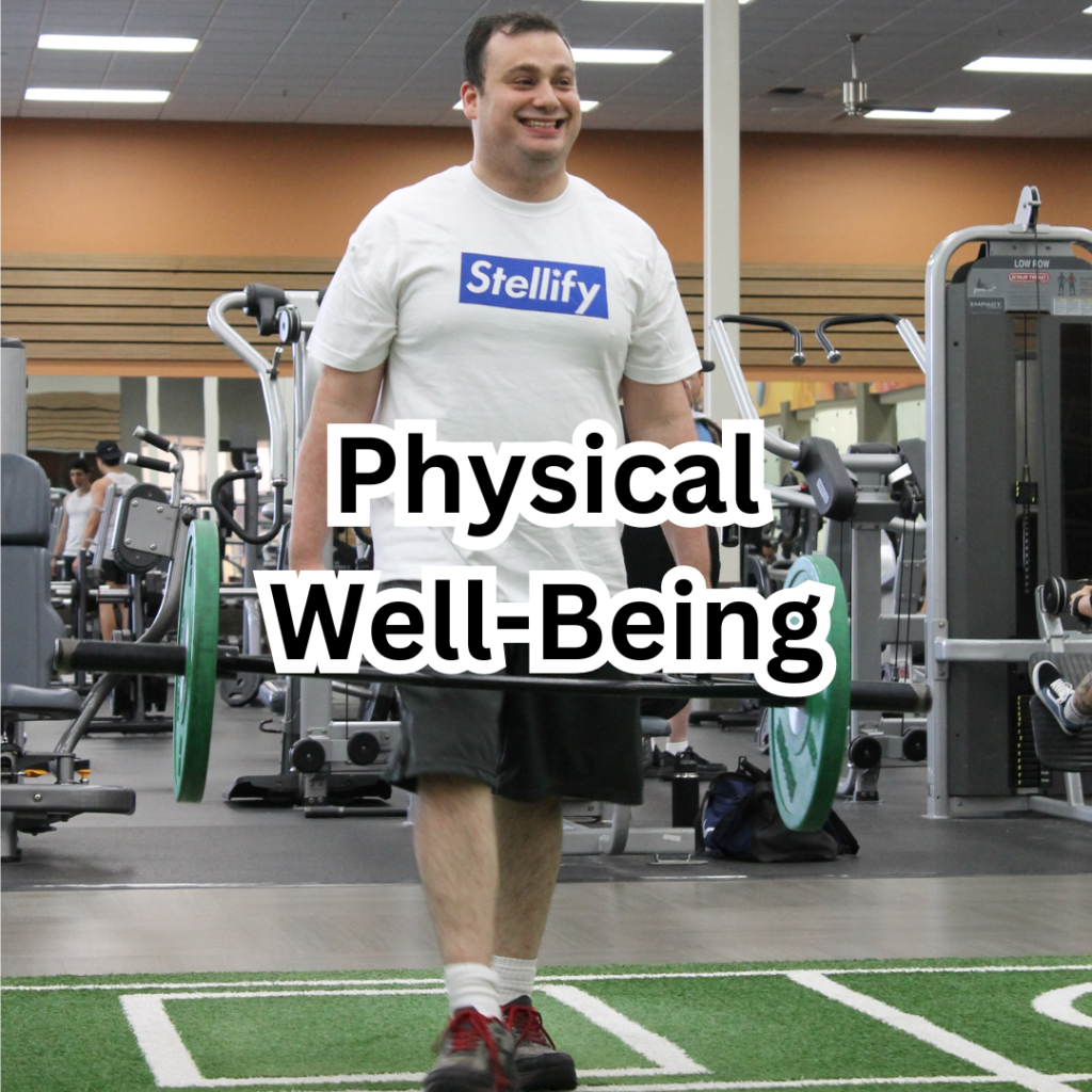 Happy faced man farmer's walking weights at gym. Button for Physical Well Being Program. Autism Program. Los Angeles Community.
